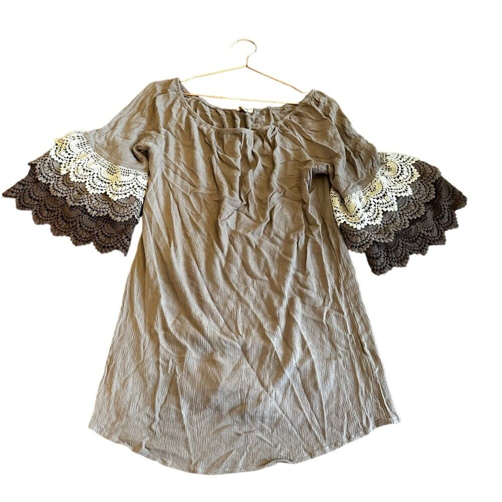 Umgee Boho Peasant Blouse Brown Ivory Crochet Lace Trim